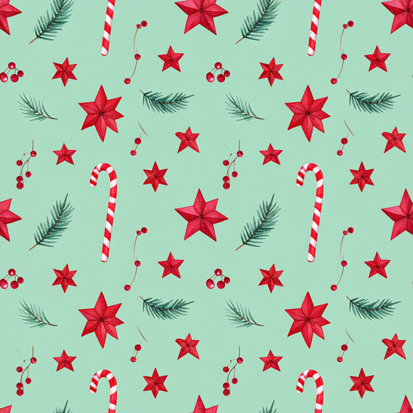 mint green, red, candy cane, poinsettia, christmas, holiday, festive, winter, evergreen, pine branches, berries, stars, red stars, striped, candy cane striped, whimsical, cheerful, traditional, seasonal, kids, children, playroom, nursery, red and white, botanical, nature, december, festive decorations, bright, vibrant