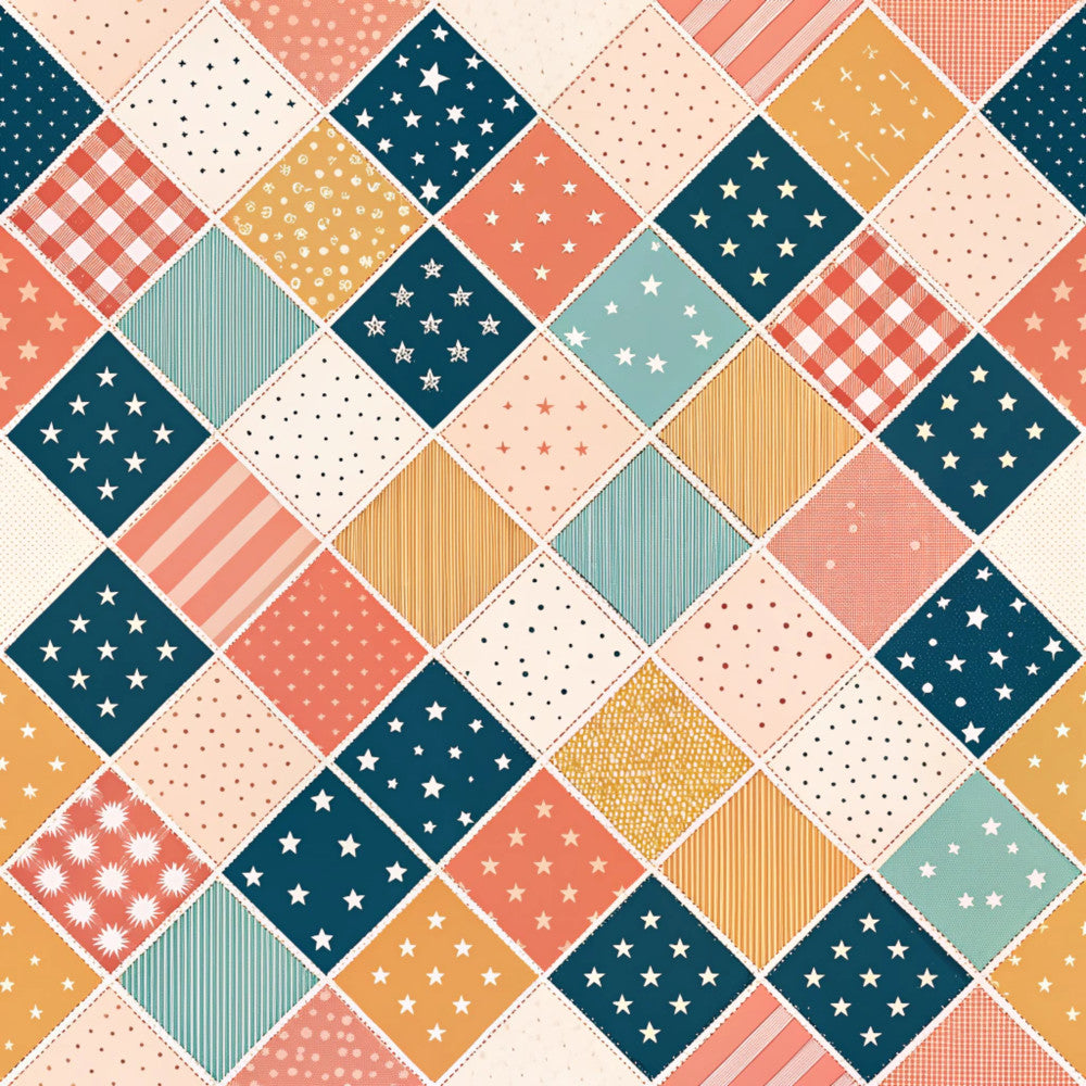 navy blue, coral pink, cream, golden yellow, dusty blue, stars, geometric, patchwork, quilt, checkered, striped, polka dots, vintage, patriotic, americana, retro, whimsical, playful, kids, nursery, baby, apparel, celestial, stars and stripes, classic, traditional, multi-color, mixed patterns, summer, fun