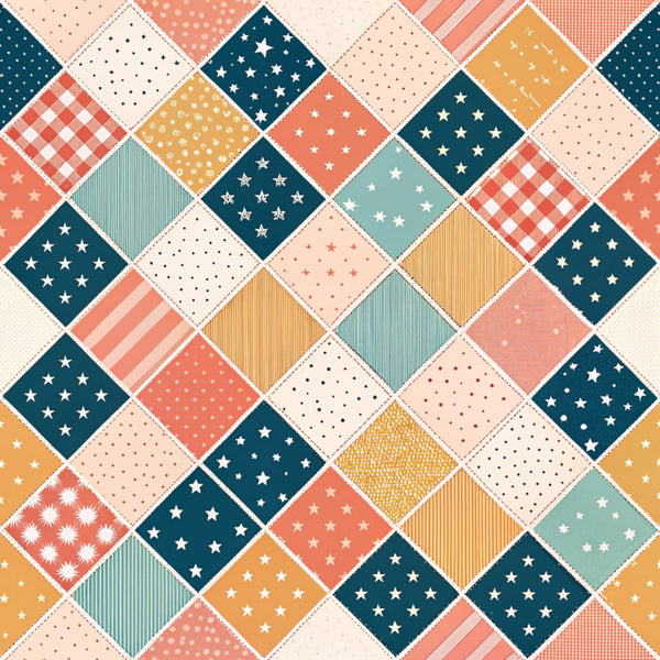 navy blue, coral pink, cream, golden yellow, dusty blue, stars, geometric, patchwork, quilt, checkered, striped, polka dots, vintage, patriotic, americana, retro, whimsical, playful, kids, nursery, baby, apparel, celestial, stars and stripes, classic, traditional, multi-color, mixed patterns, summer, fun