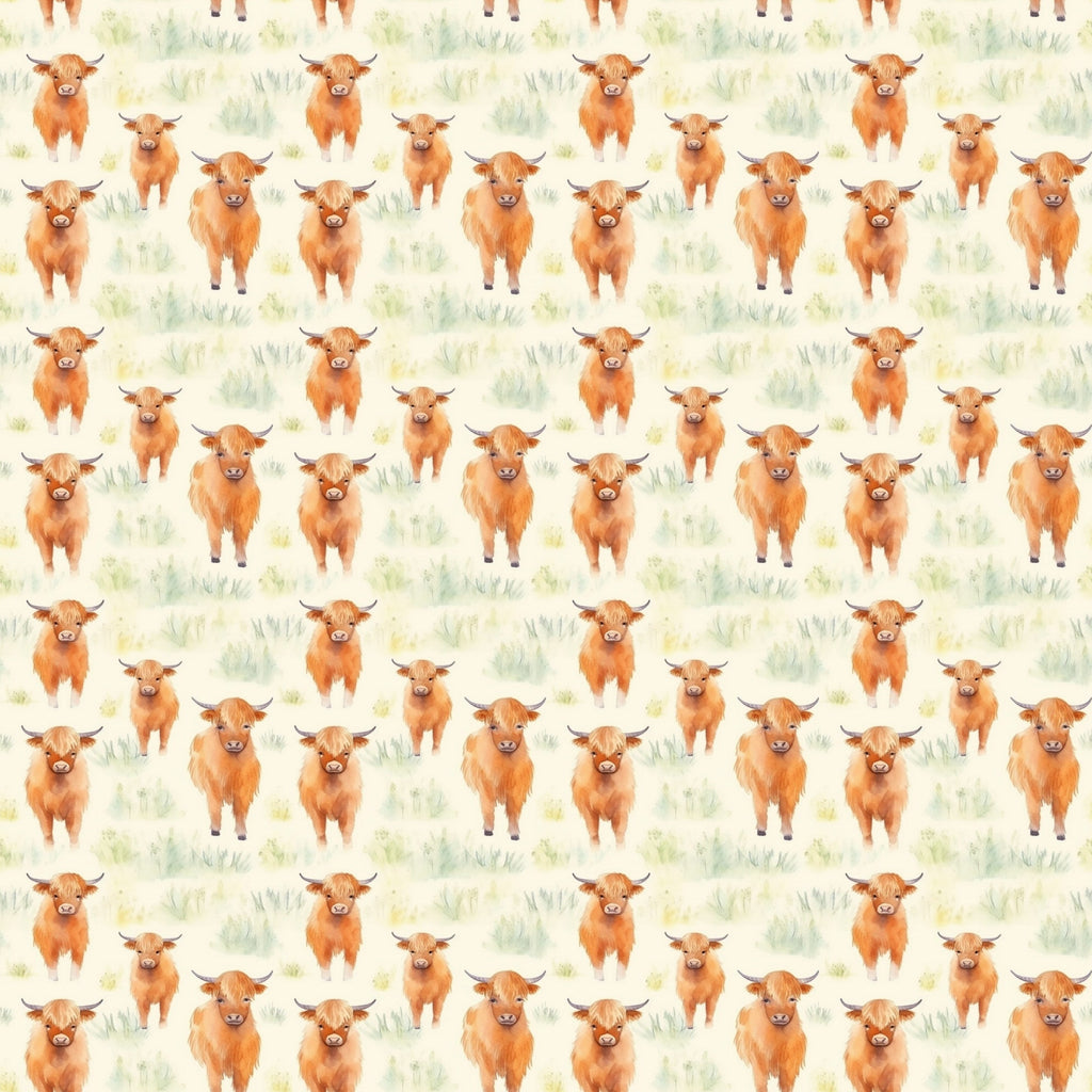 highland cows, orange cattle, russet brown, cream background, watercolor style, pastoral pattern, farm animals, scottish cattle, repeating motif,, fabric panel, countryside scene, soft pastels, whimsical illustration, agricultural theme, bovine design, natural colors, meadow grass, artistic rendering