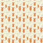 highland cows, orange cattle, russet brown, cream background, watercolor style, pastoral pattern, farm animals, scottish cattle, repeating motif,, fabric panel, countryside scene, soft pastels, whimsical illustration, agricultural theme, bovine design, natural colors, meadow grass, artistic rendering