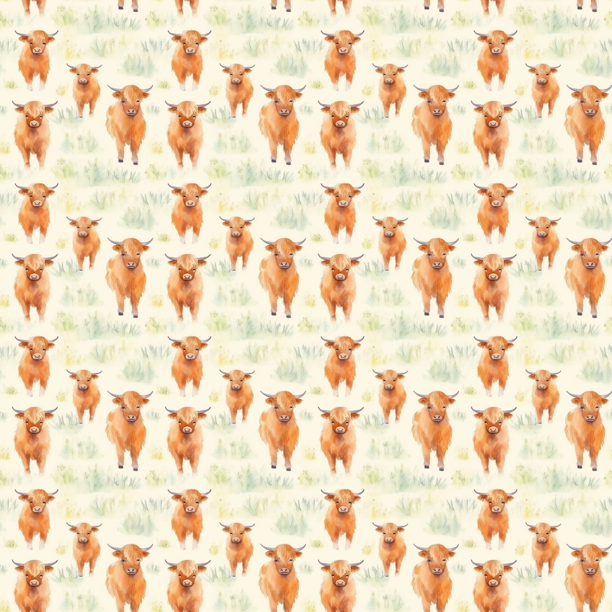 highland cows, orange cattle, russet brown, cream background, watercolor style, pastoral pattern, farm animals, scottish cattle, repeating motif,, fabric panel, countryside scene, soft pastels, whimsical illustration, agricultural theme, bovine design, natural colors, meadow grass, artistic rendering
