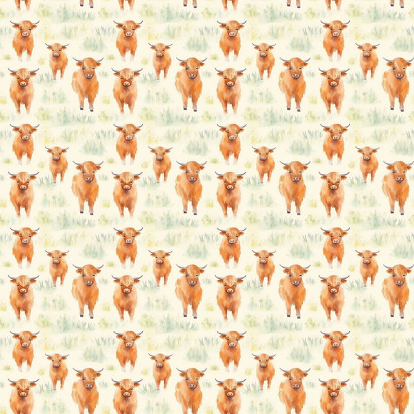 highland cows, orange cattle, russet brown, cream background, watercolor style, pastoral pattern, farm animals, scottish cattle, repeating motif,, fabric panel, countryside scene, soft pastels, whimsical illustration, agricultural theme, bovine design, natural colors, meadow grass, artistic rendering