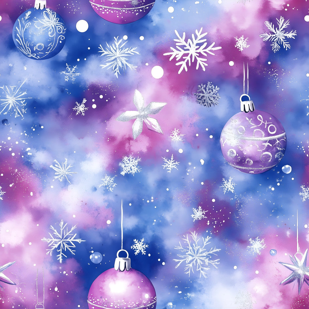 winter snowflake, purple and blue, magenta pink, icy blue, white snowflakes, holiday christmas, ornaments baubles, festive, elegant winter, whimsical, celestial sparkle, frozen, decorative balls, winter wonderland, shimmering, iridescent, jewel tone, mauve purple, periwinkle blue, soft focus, dreamy, magical, seasonal winter, cold weather theme, december holiday, snowy, glittery, sparkling ornaments, kids winter, playroom festive