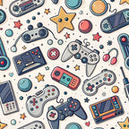 gaming controllers, retro gaming, video game pattern, coral pink, teal blue, navy blue, orange accents, yellow stars, modern illustration, cartoon style, handheld devices, gaming consoles, playful design,, fabric panel, geometric shapes, nostalgic gaming, colorful pattern, contemporary art, tech accessories