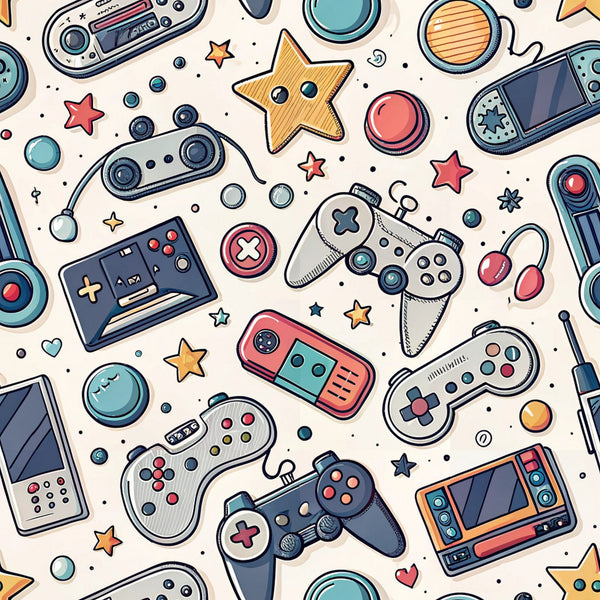 gaming controllers, retro gaming, video game pattern, coral pink, teal blue, navy blue, orange accents, yellow stars, modern illustration, cartoon style, handheld devices, gaming consoles, playful design,, fabric panel, geometric shapes, nostalgic gaming, colorful pattern, contemporary art, tech accessories