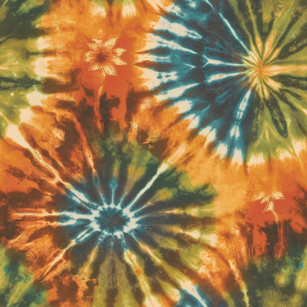 retro, tie dye, psychedelic, spiral pattern, radial design, orange, teal, green, yellow, sunburst, flower motifs, groovy, 1960s style, hippie aesthetic,, fabric panel, swirl pattern, bohemian, rainbow colors, abstract design