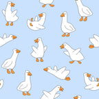 white geese, orange beaks, orange feet, light blue background, playful geese, cartoon style, whimsical pattern,, fabric panel, cute animals, repeating pattern, soft colors, pastel blue, goose silhouettes, cheerful design, scattered placement, simple illustration, farm animals, children's fabric, nursery theme