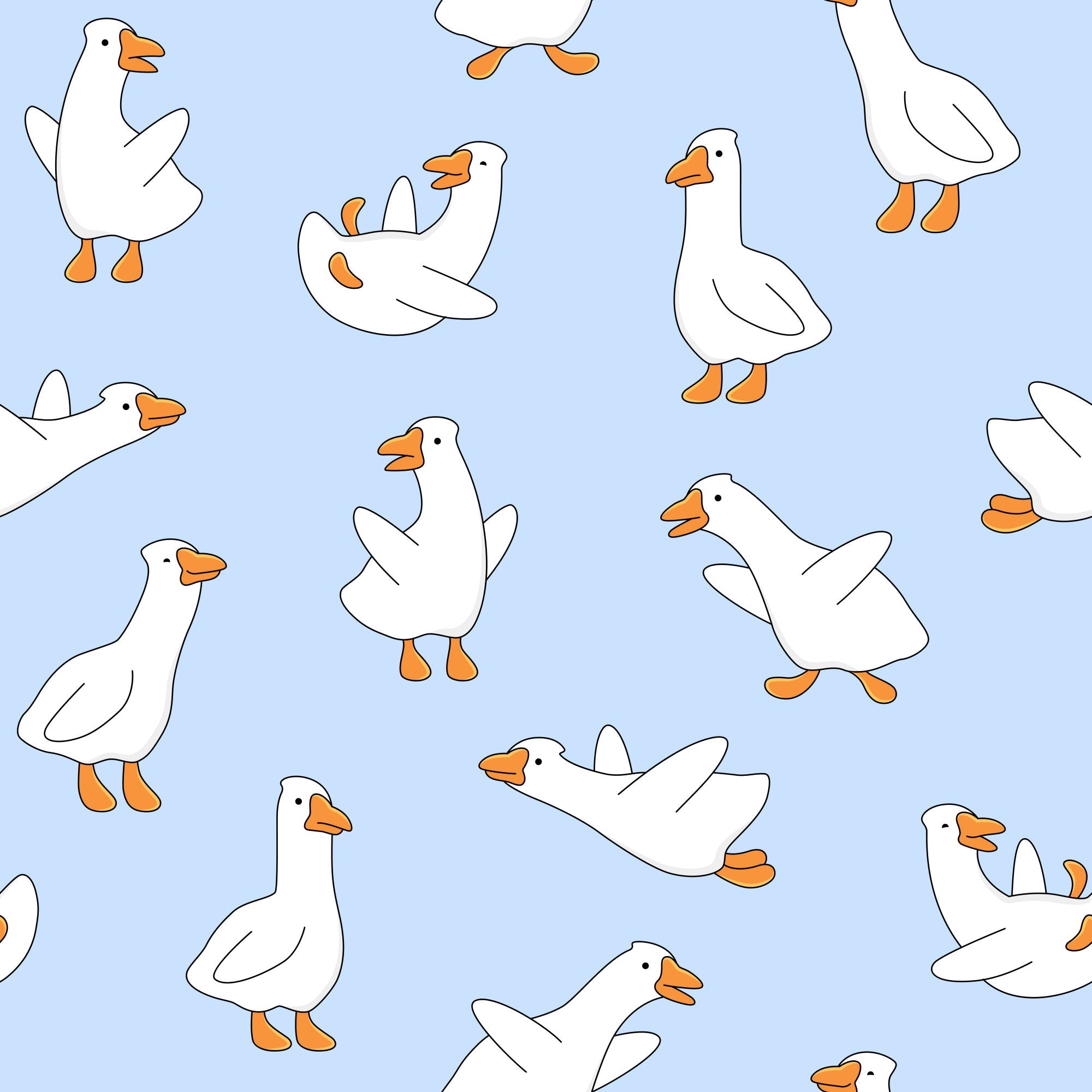 white geese, orange beaks, orange feet, light blue background, playful geese, cartoon style, whimsical pattern,, fabric panel, cute animals, repeating pattern, soft colors, pastel blue, goose silhouettes, cheerful design, scattered placement, simple illustration, farm animals, children's fabric, nursery theme