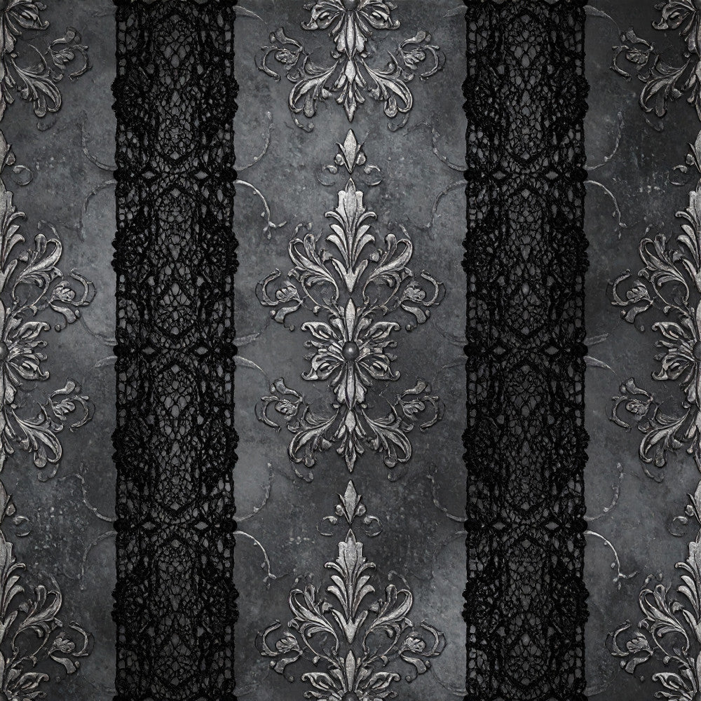 charcoal gray, black, silver, damask pattern, ornamental, baroque, victorian, elegant, gothic, lace stripes, floral baroque, classical, sophisticated, formal, traditional, vintage, ornate, textured, dramatic, moody, dark academia, luxury, decorative, romantic, timeless, home decor