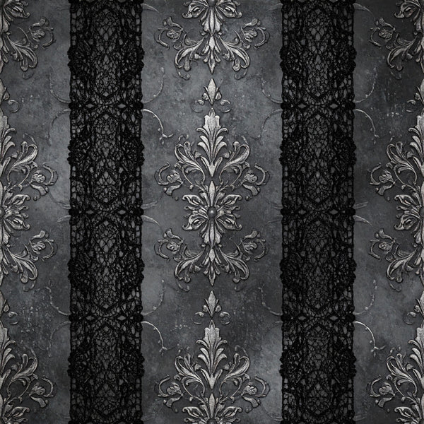 charcoal gray, black, silver, damask pattern, ornamental, baroque, victorian, elegant, gothic, lace stripes, floral baroque, classical, sophisticated, formal, traditional, vintage, ornate, textured, dramatic, moody, dark academia, luxury, decorative, romantic, timeless, home decor