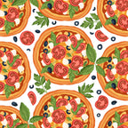 pizza pattern, red tomatoes, green basil, black olives, white mozzarella, orange crust, yellow cheese, food motif, italian cuisine, seamless repeat,, fabric panel, cooking theme, restaurant decor, culinary design, vibrant colors, appetizing illustration, kitchen fabric, chef pattern