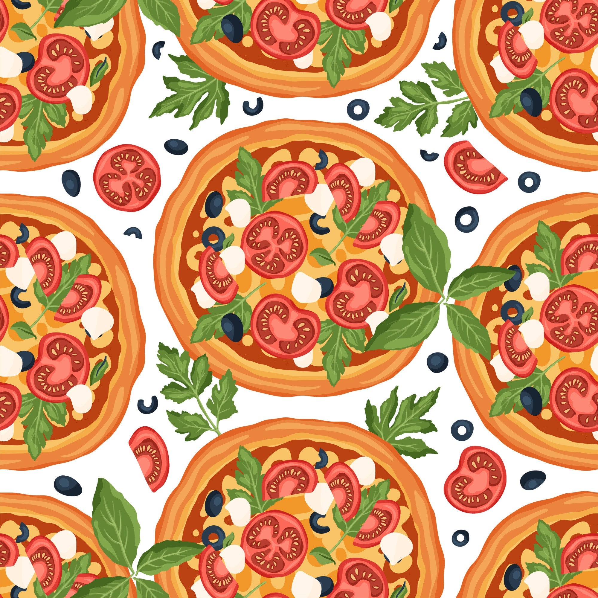 pizza pattern, red tomatoes, green basil, black olives, white mozzarella, orange crust, yellow cheese, food motif, italian cuisine, seamless repeat,, fabric panel, cooking theme, restaurant decor, culinary design, vibrant colors, appetizing illustration, kitchen fabric, chef pattern