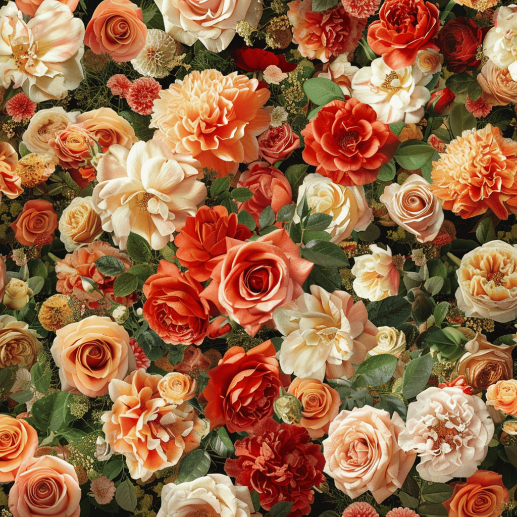 realistic flowers, floral pattern, roses, peonies, carnations, coral pink, peach, cream, burgundy, orange, warm tones, botanical design, densely packed, romantic style,, fabric panel, layered petals, garden flowers, autumn colors, blooming flowers