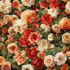realistic flowers, floral pattern, roses, peonies, carnations, coral pink, peach, cream, burgundy, orange, warm tones, botanical design, densely packed, romantic style,, fabric panel, layered petals, garden flowers, autumn colors, blooming flowers