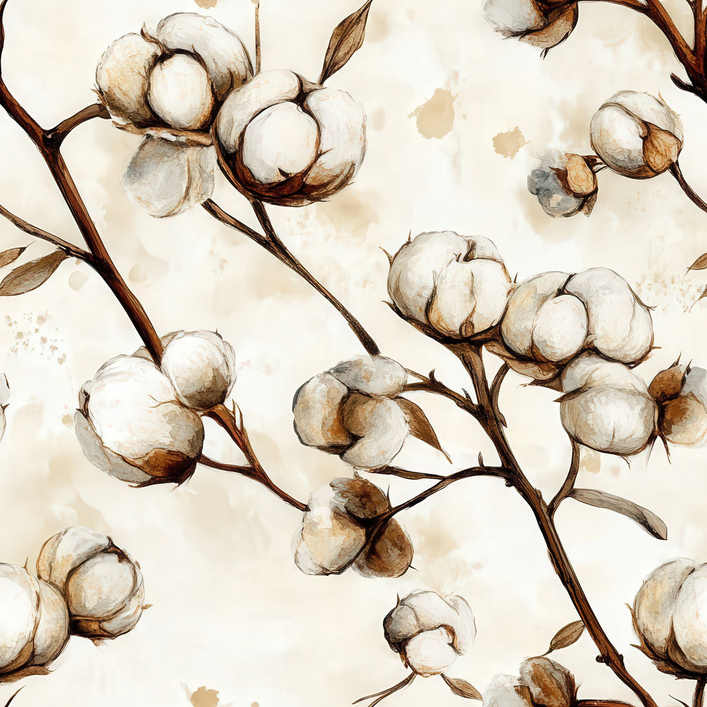 raw white, cream, beige, brown, taupe, cotton bolls, botanical pattern, watercolor style, natural fibers, branch design, organic motifs, cotton plant, farming theme, harvest imagery,, fabric panel, soft tones, earthy palette, agricultural design, vintage wash effect