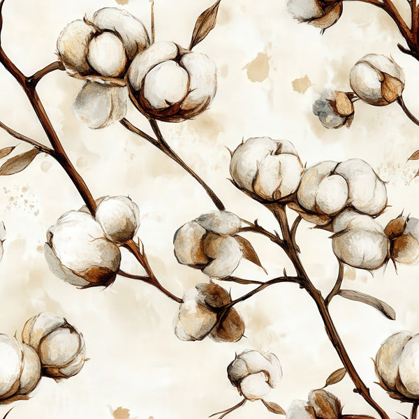 raw white, cream, beige, brown, taupe, cotton bolls, botanical pattern, watercolor style, natural fibers, branch design, organic motifs, cotton plant, farming theme, harvest imagery,, fabric panel, soft tones, earthy palette, agricultural design, vintage wash effect