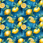 lemons, citrus fruit, yellow, blue background, green leaves, watercolor style, fruit pattern, repeating design,, fabric panel, fresh citrus, lemon slices, botanical elements, summer theme, bright colors, food motif, kitchen theme, geometric arrangement, tropical feel, vibrant pattern