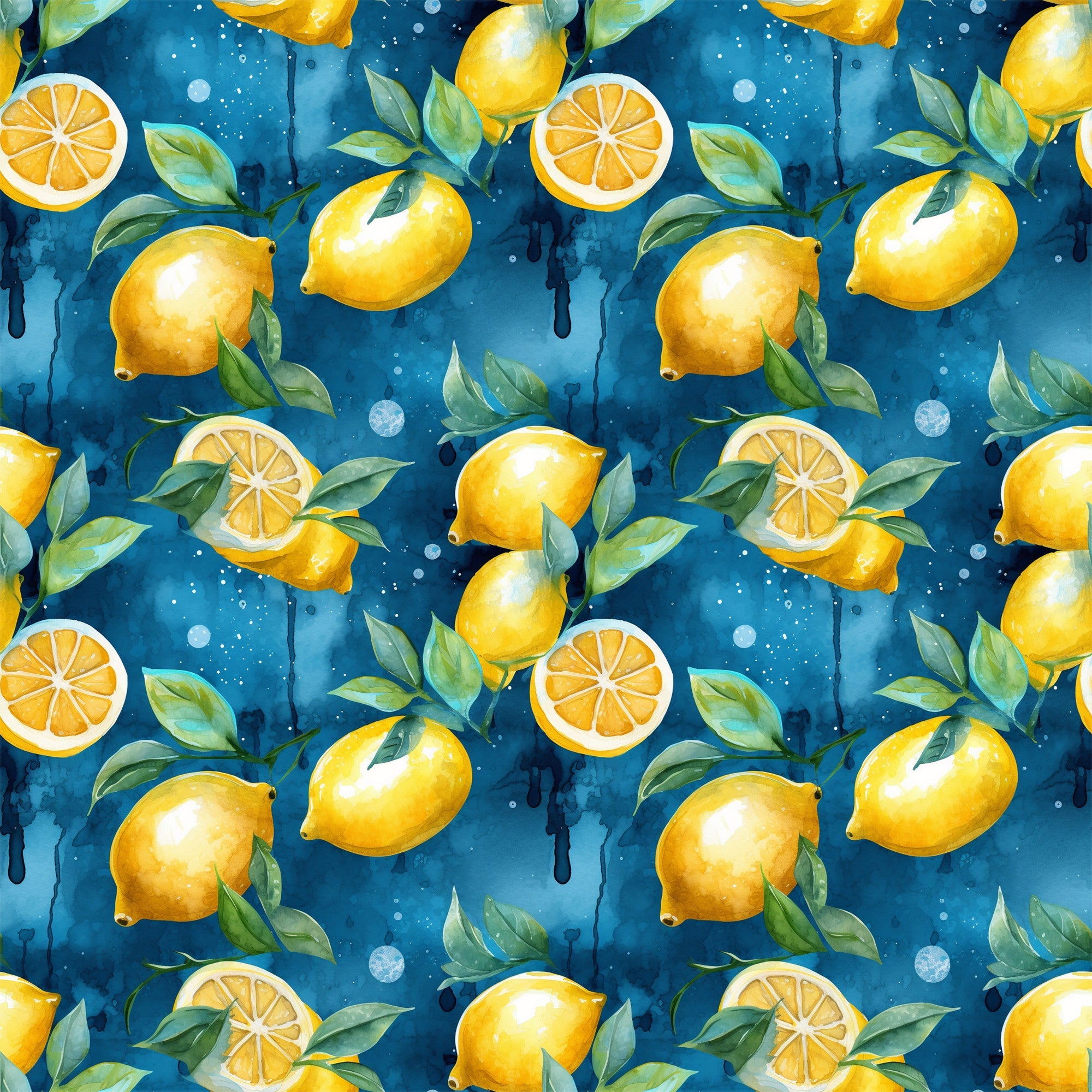 lemons, citrus fruit, yellow, blue background, green leaves, watercolor style, fruit pattern, repeating design,, fabric panel, fresh citrus, lemon slices, botanical elements, summer theme, bright colors, food motif, kitchen theme, geometric arrangement, tropical feel, vibrant pattern