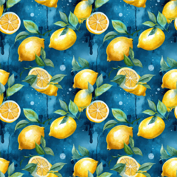 lemons, citrus fruit, yellow, blue background, green leaves, watercolor style, fruit pattern, repeating design,, fabric panel, fresh citrus, lemon slices, botanical elements, summer theme, bright colors, food motif, kitchen theme, geometric arrangement, tropical feel, vibrant pattern
