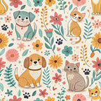 fabric panel, dogs, cats, floral motifs, paw prints, coral pink, sage green, golden yellow, cream background, whimsical illustration, botanical elements, pet themed, scattered pattern, folk art style, cheerful mood, leaves, flowers, animal lovers, craft fabric