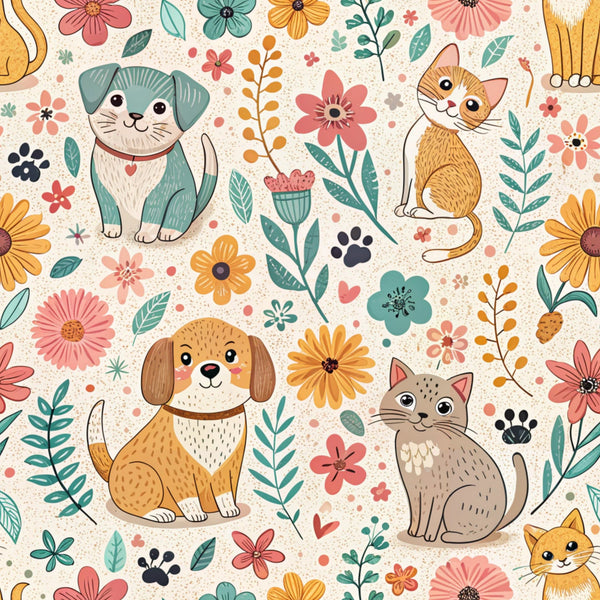 fabric panel, dogs, cats, floral motifs, paw prints, coral pink, sage green, golden yellow, cream background, whimsical illustration, botanical elements, pet themed, scattered pattern, folk art style, cheerful mood, leaves, flowers, animal lovers, craft fabric