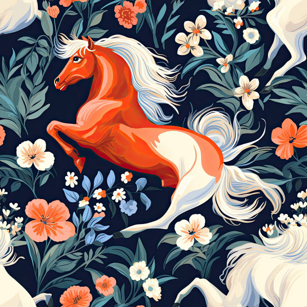 red horse, white mane, navy blue background, coral orange flowers, cream white flowers, teal green leaves, floral pattern, animal motif, equestrian theme, whimsical style, bohemian design, nature inspired, spring colors, summer vibes, elegant horses, decorative florals, garden theme, vintage botanical, kids room, nursery decor, playroom fabric, horse lovers, whimsy and wonder, flowing mane, prancing horse, botanical garden, folk art style, colorful flowers, nature lover gift