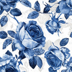 blue roses, navy blue, vintage floral, botanical pattern, rose blooms, serrated leaves, cottage style, romantic florals, monochromatic design,, fabric panel, watercolor effect, garden flowers, shabby chic, farmhouse style, repeating pattern, delicate petals, soft pastels