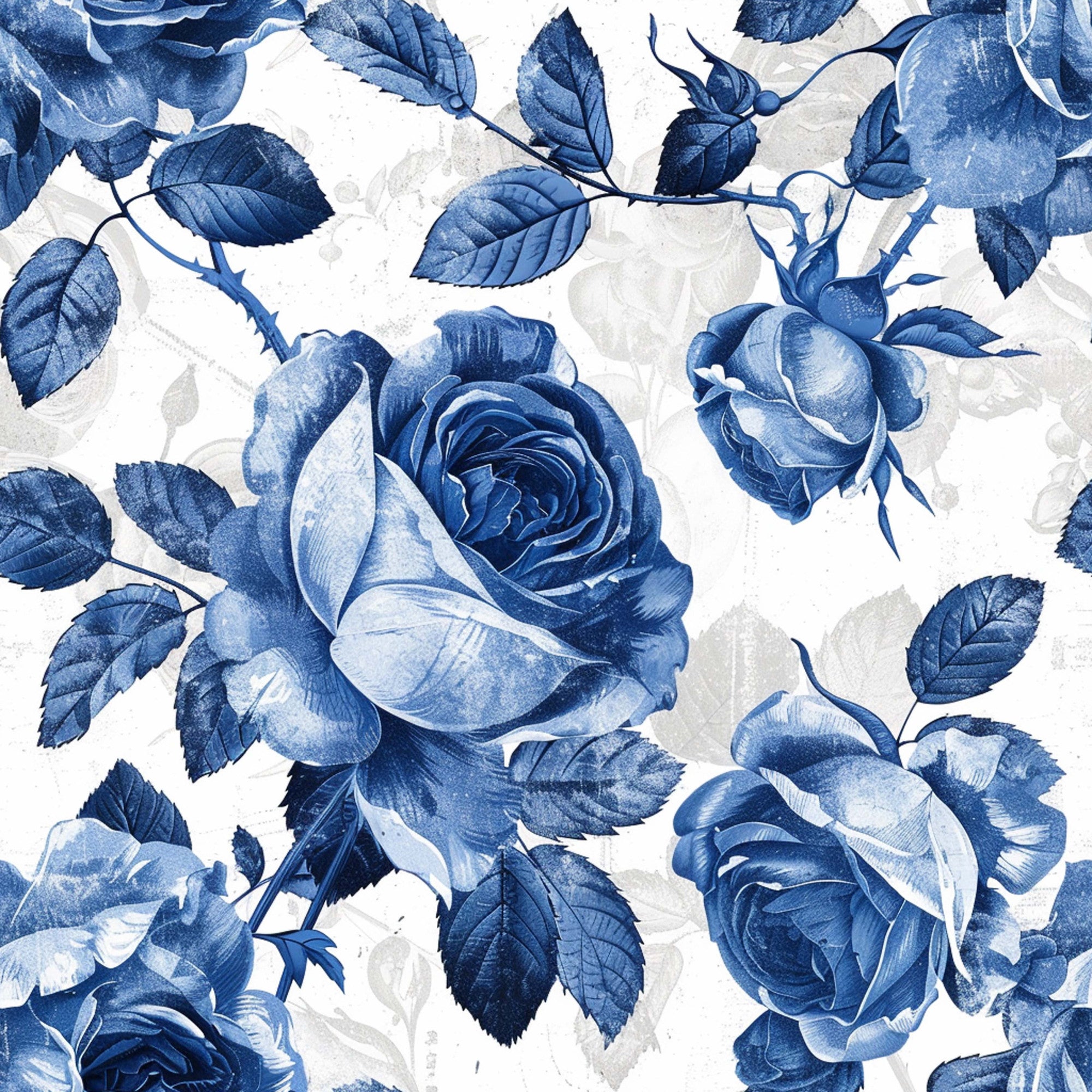 blue roses, navy blue, vintage floral, botanical pattern, rose blooms, serrated leaves, cottage style, romantic florals, monochromatic design,, fabric panel, watercolor effect, garden flowers, shabby chic, farmhouse style, repeating pattern, delicate petals, soft pastels