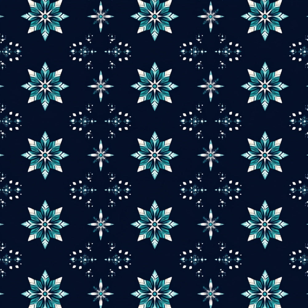 navy blue, turquoise, teal, white, icy blue, winter, snowflake, geometric, celestial, star, crystalline, modern, elegant, sparkling, frozen, icy, jewel tone, metallic shimmer, symmetrical, abstract geometric, holiday, christmas, winter wonderland, nursery, kids room, whimsical, contemporary, sophisticated, cool tone