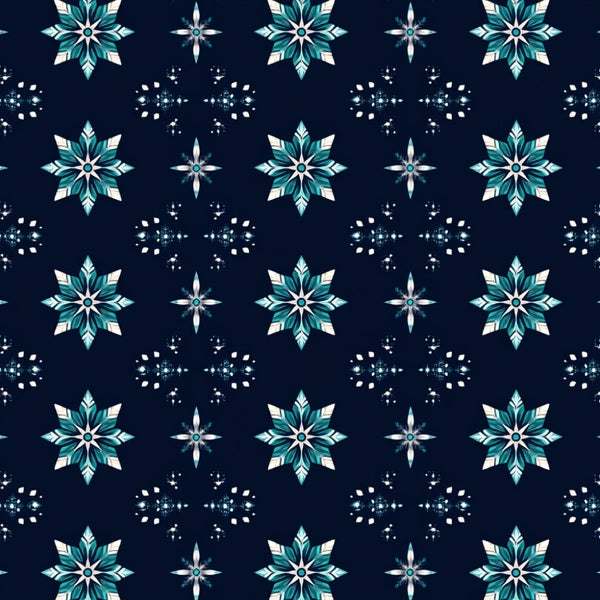 navy blue, turquoise, teal, white, icy blue, winter, snowflake, geometric, celestial, star, crystalline, modern, elegant, sparkling, frozen, icy, jewel tone, metallic shimmer, symmetrical, abstract geometric, holiday, christmas, winter wonderland, nursery, kids room, whimsical, contemporary, sophisticated, cool tone