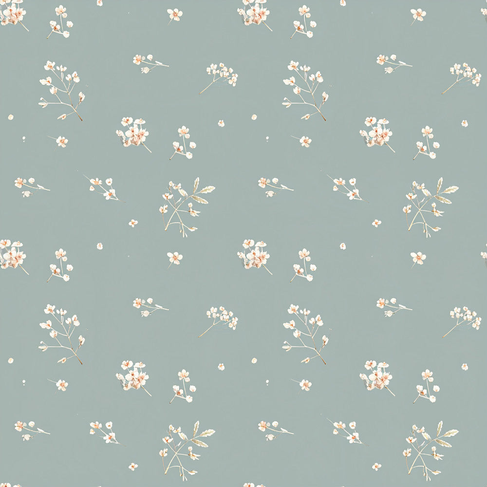 sage green, dusty blue, cream, peach, floral, botanical, delicate flowers, baby's breath, wildflowers, nature, spring, summer, gentle, soft, whimsical, romantic, vintage, nursery, baby room, kids room, feminine, peaceful, calming, nature-inspired, garden, dried flowers, pressed flowers, minimalist floral, scattered blooms, ethereal