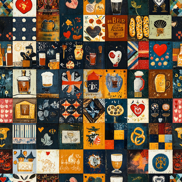 navy blue, burnt orange, cream, gold, red, vintage beer, retro beer, beer glasses, beer mugs, hearts, geometric patterns, patchwork, beer tavern, pub themed, vintage style, rustic, distressed, whimsical, adult beverage, beer lover, hops, pretzel, ale house, distillery, beer aesthetic, novelty print, eclectic, mixed patterns, man cave