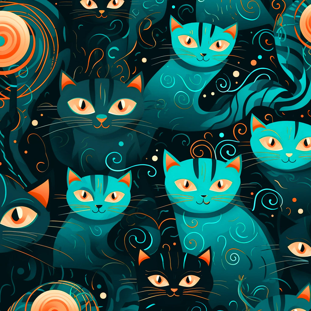 teal, turquoise, orange, black, cat faces, swirls, decorative patterns, whimsical cats, feline design,, fabric panel, mystical cats, ornamental swirls, cat eyes, geometric elements, artistic illustration, modern art style, playful design, repeating pattern, crafting fabric