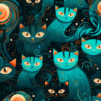 teal, turquoise, orange, black, cat faces, swirls, decorative patterns, whimsical cats, feline design,, fabric panel, mystical cats, ornamental swirls, cat eyes, geometric elements, artistic illustration, modern art style, playful design, repeating pattern, crafting fabric