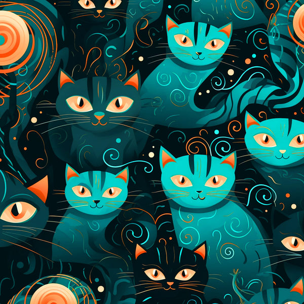 teal, turquoise, orange, black, cat faces, swirls, decorative patterns, whimsical cats, feline design,, fabric panel, mystical cats, ornamental swirls, cat eyes, geometric elements, artistic illustration, modern art style, playful design, repeating pattern, crafting fabric