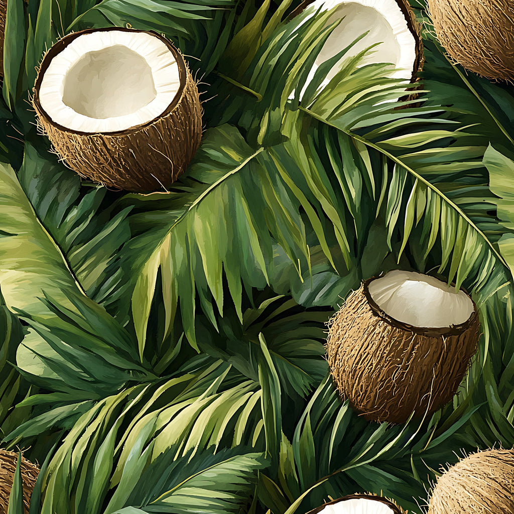 coconut, tropical leaves, palm fronds, jungle pattern, botanical design, green foliage, brown coconuts, white coconut meat, nature motif, exotic tropical,, fabric panel, lush greenery, island theme, paradise pattern, coconut shells, leafy background, tropical fruit, vibrant greens, natural elements