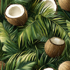coconut, tropical leaves, palm fronds, jungle pattern, botanical design, green foliage, brown coconuts, white coconut meat, nature motif, exotic tropical,, fabric panel, lush greenery, island theme, paradise pattern, coconut shells, leafy background, tropical fruit, vibrant greens, natural elements