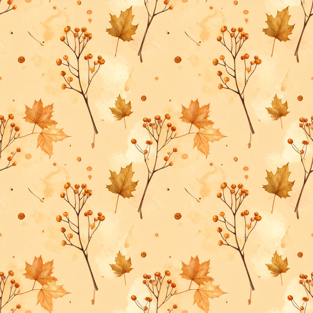 autumn leaves, fall foliage, maple leaves, berry branches, golden orange, burnt orange, warm cream, beige, watercolor, nature, botanical, seasonal, autumn, fall, harvest, rustic, whimsical, cozy, natural, woodland, scatter pattern, delicate, vintage, farmhouse, nursery, kids room, baby decor, nature-inspired, dried flowers, berry picking