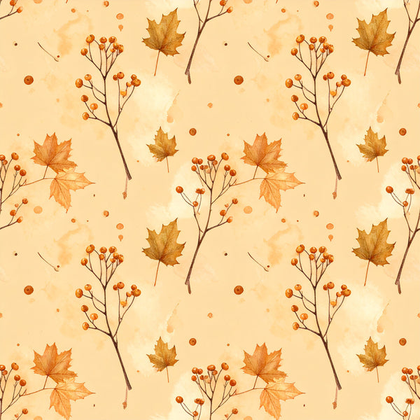 autumn leaves, fall foliage, maple leaves, berry branches, golden orange, burnt orange, warm cream, beige, watercolor, nature, botanical, seasonal, autumn, fall, harvest, rustic, whimsical, cozy, natural, woodland, scatter pattern, delicate, vintage, farmhouse, nursery, kids room, baby decor, nature-inspired, dried flowers, berry picking