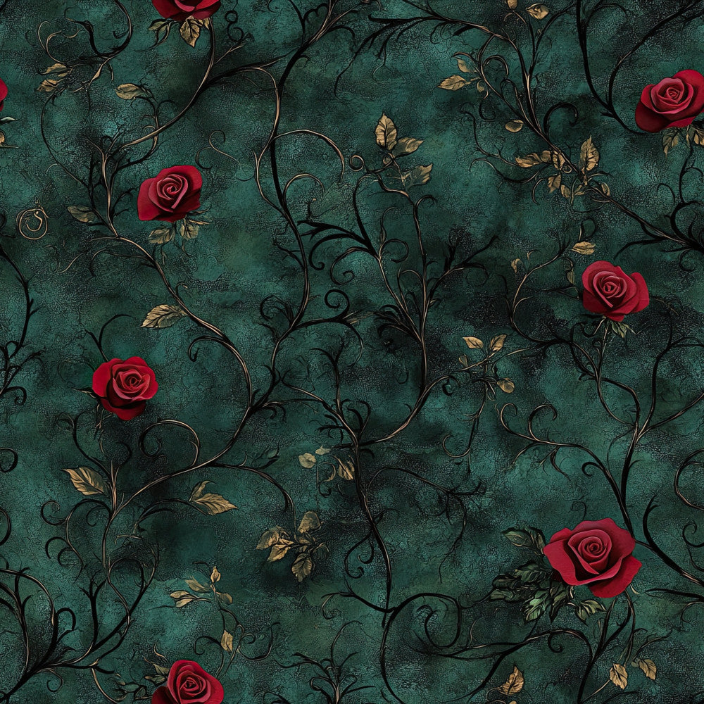 forest green, deep teal, burgundy red, dark green, gold accents, floral, botanical, roses, vintage, elegant, romantic, damask, ornamental vines, scrollwork, nature, traditional, luxurious, moody, dark academia, gothic romance, jewel tones, antique, Victorian, timeless, sophisticated, deep colors, rich tones, leaf details, curl patterns, classic beauty