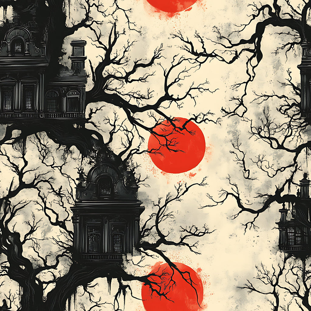 blood moon, gothic mansion, bare trees, red circle, black silhouettes, cream background, spooky architecture, haunted house, gothic windows, twisted branches, eerie atmosphere, halloween theme, horror aesthetic,, fabric panel, dark mood, vintage texture, creepy scene, autumn gothic, supernatural design