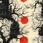 blood moon, gothic mansion, bare trees, red circle, black silhouettes, cream background, spooky architecture, haunted house, gothic windows, twisted branches, eerie atmosphere, halloween theme, horror aesthetic,, fabric panel, dark mood, vintage texture, creepy scene, autumn gothic, supernatural design
