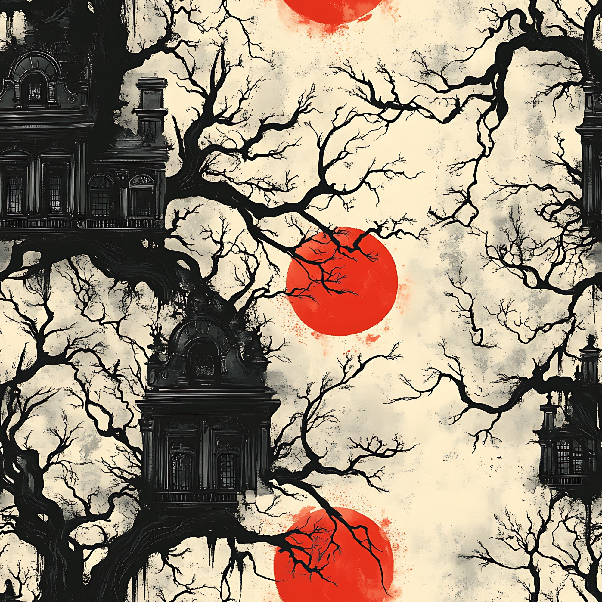 blood moon, gothic mansion, bare trees, red circle, black silhouettes, cream background, spooky architecture, haunted house, gothic windows, twisted branches, eerie atmosphere, halloween theme, horror aesthetic,, fabric panel, dark mood, vintage texture, creepy scene, autumn gothic, supernatural design