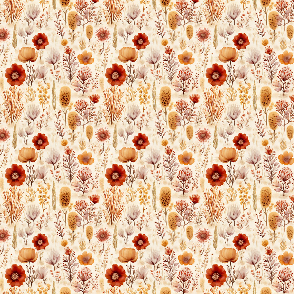 rust red, burnt orange, cream background, golden yellow, sage green, mauve purple, floral pattern, wildflowers, botanical motifs, poppies, seed pods, wheat stalks, grasses, meadow flowers, watercolor style, autumn colors, earthy tones, repeating pattern,, fabric panel, nature inspired, desert blooms
