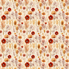 rust red, burnt orange, cream background, golden yellow, sage green, mauve purple, floral pattern, wildflowers, botanical motifs, poppies, seed pods, wheat stalks, grasses, meadow flowers, watercolor style, autumn colors, earthy tones, repeating pattern,, fabric panel, nature inspired, desert blooms