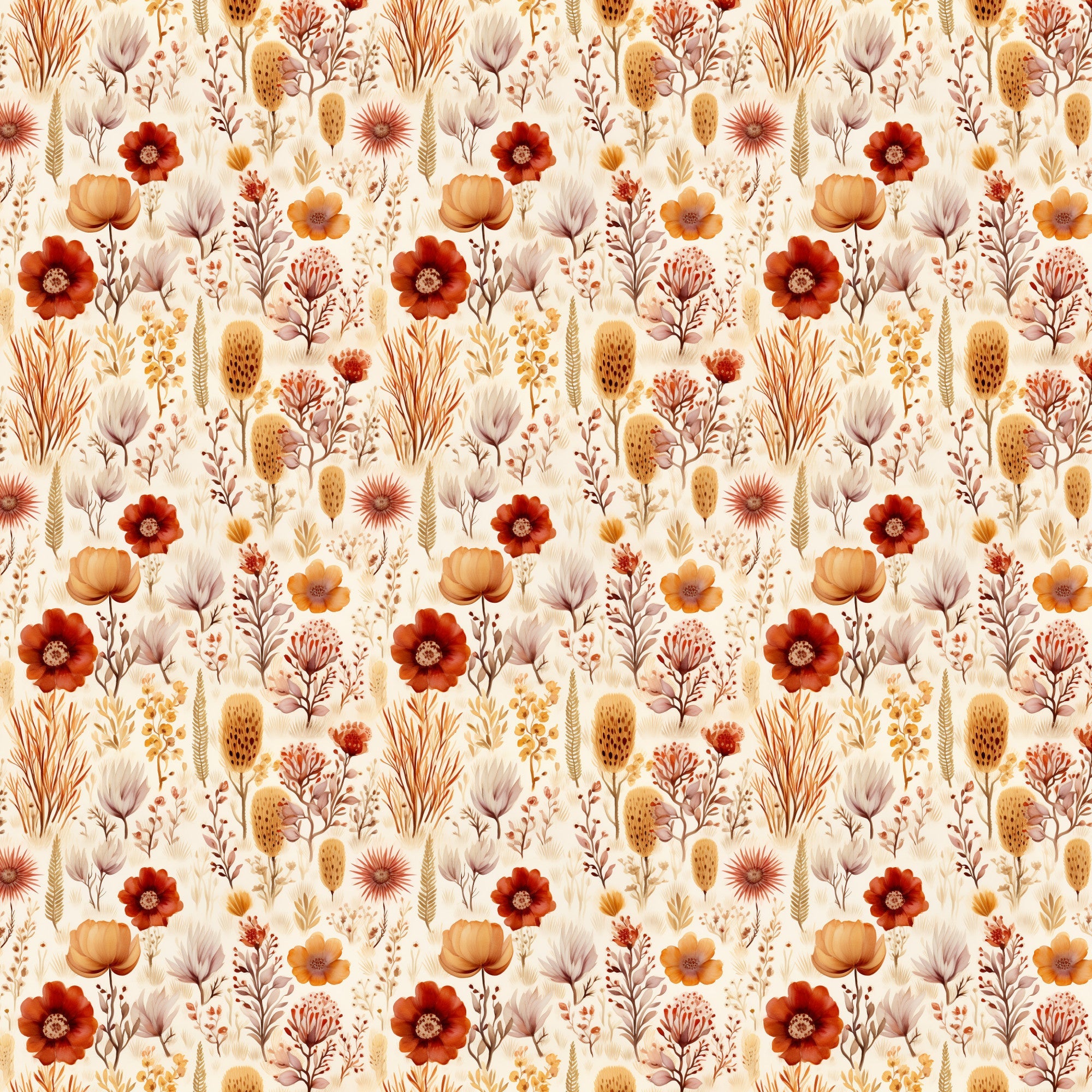 rust red, burnt orange, cream background, golden yellow, sage green, mauve purple, floral pattern, wildflowers, botanical motifs, poppies, seed pods, wheat stalks, grasses, meadow flowers, watercolor style, autumn colors, earthy tones, repeating pattern,, fabric panel, nature inspired, desert blooms
