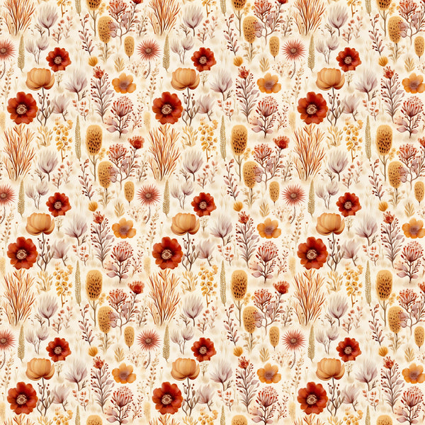 rust red, burnt orange, cream background, golden yellow, sage green, mauve purple, floral pattern, wildflowers, botanical motifs, poppies, seed pods, wheat stalks, grasses, meadow flowers, watercolor style, autumn colors, earthy tones, repeating pattern,, fabric panel, nature inspired, desert blooms
