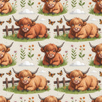 highland cows, cartoon animals, brown cattle, orange fur, pastoral scene, wooden fence, wildflowers, butterflies, grass patches, white clouds, repeating pattern,, fabric panel, whimsical illustration, farm animals, countryside, cute characters, soft colors, beige background, horned cattle