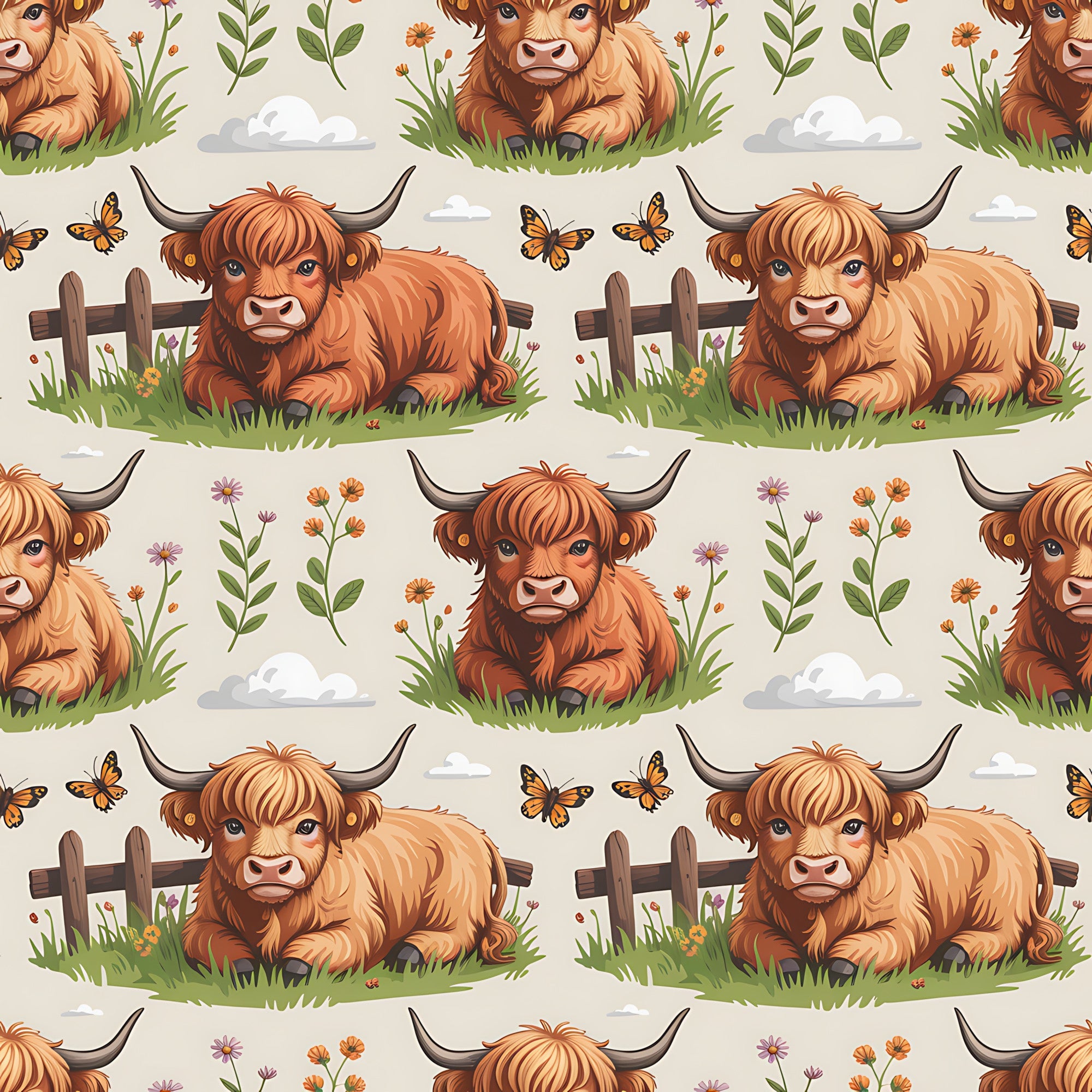highland cows, cartoon animals, brown cattle, orange fur, pastoral scene, wooden fence, wildflowers, butterflies, grass patches, white clouds, repeating pattern,, fabric panel, whimsical illustration, farm animals, countryside, cute characters, soft colors, beige background, horned cattle